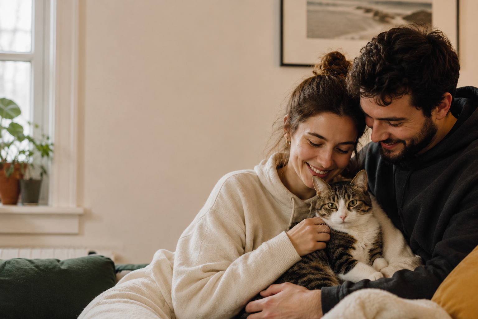 A smiling couple holding their newly adopted tabby cat