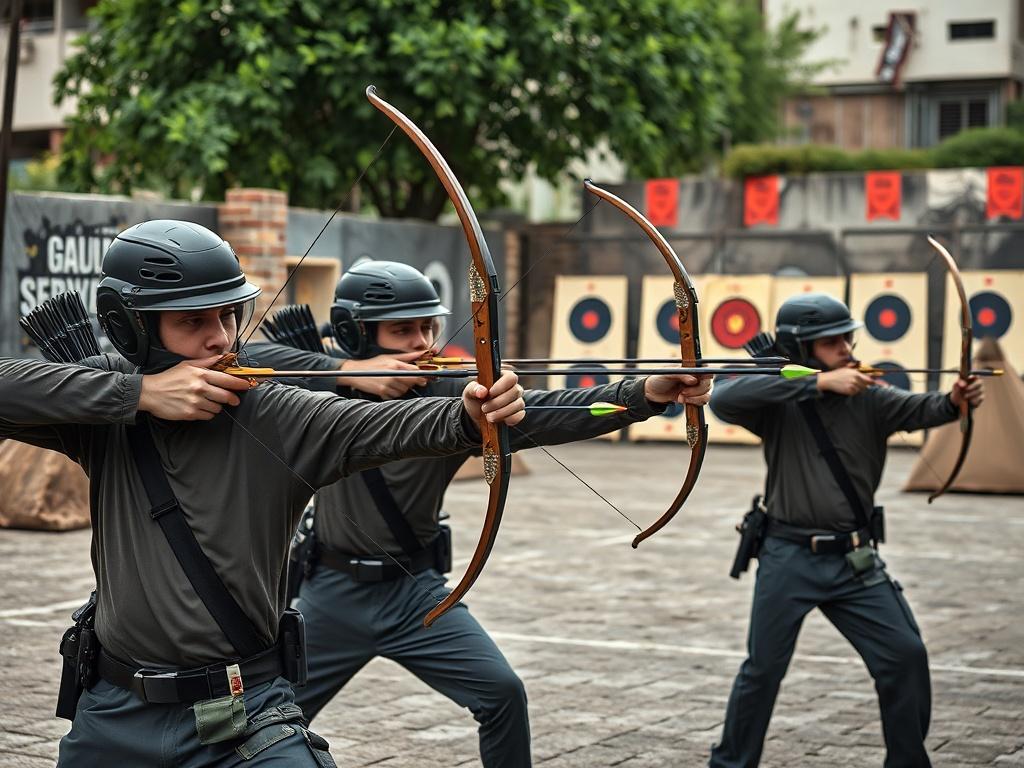 A realistic high-resolution photo of a group of players engaging in Combat Archery in an outdoor arena. The scene shows players wearing protective gear, aiming bows with foam-tipped arrows, and displaying focused expressions. The background features an urban-style battle area with obstacles, trees, and targets, creating an immersive combat atmosphere. The composition is minimalistic, emphasizing the players and their actions without distractions.