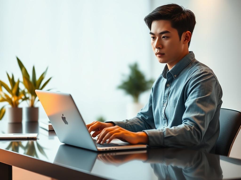 Create a hyper-realistic, high-resolution image that embodies the theme "Secure Trading on Uphold Login." The composition should be simple and clear, featuring a single subject: a confident, focused individual, a young adult of Asian descent, sitting at a sleek, modern desk. This person should be working on a laptop, with a look of concentration as they engage with the Uphold Login platform, symbolizing secure trading. 

The background should be softly blurred, showcasing a contemporary workspace with subtl