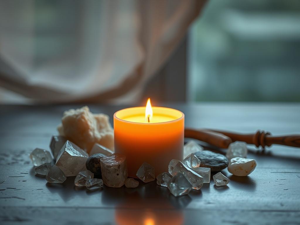 A wellness candle emitting a soothing light, surrounded by calming