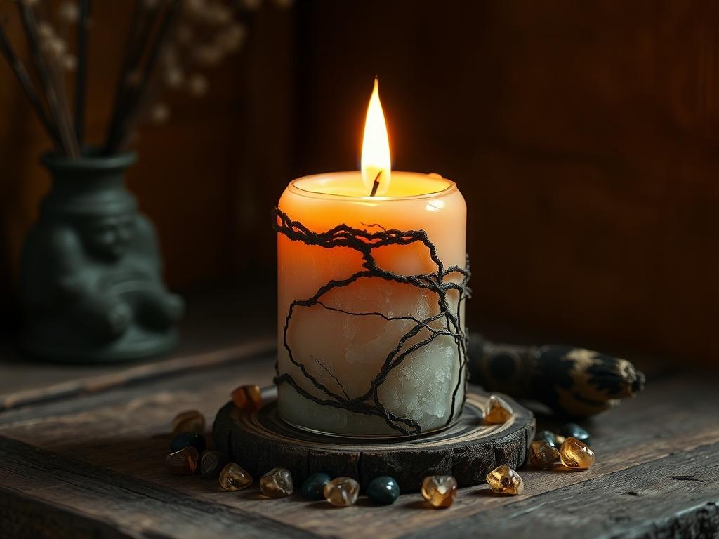 A handcrafted spiritual candle with crystals, glowing softly in a