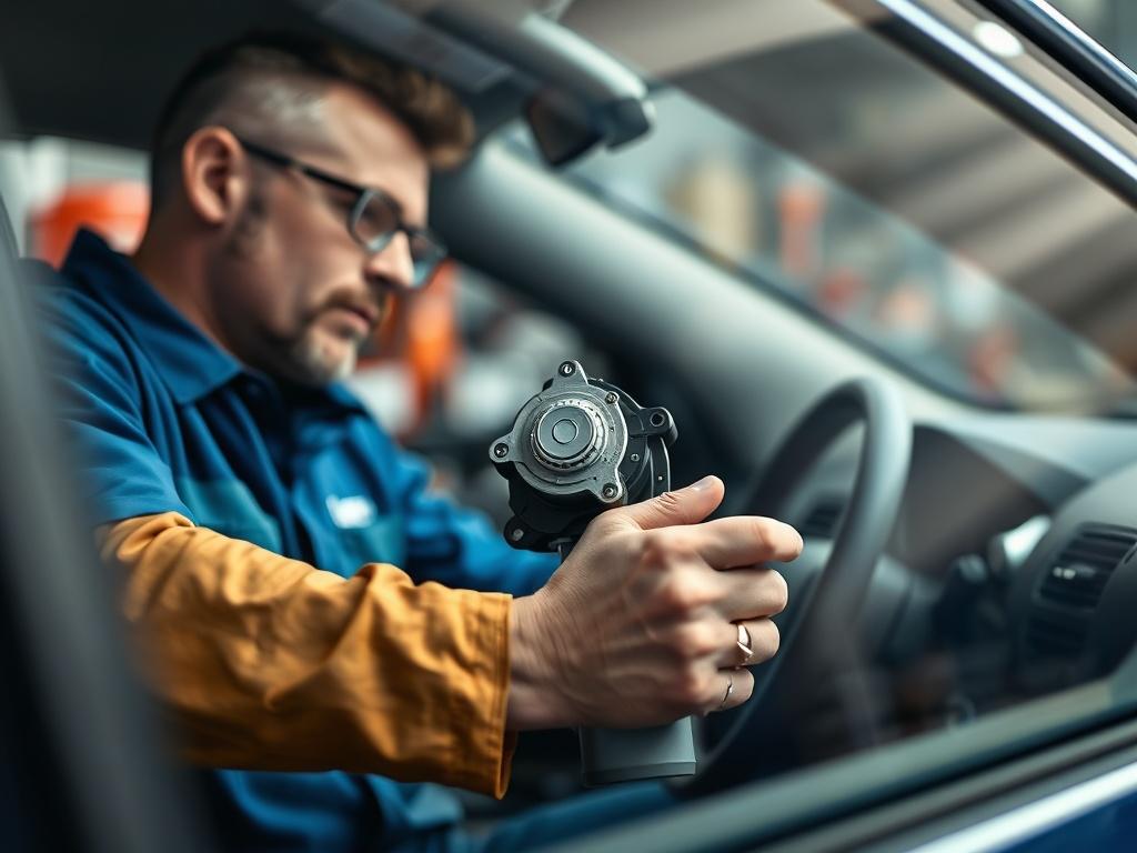 A high-resolution close-up shot of a technician repairing a car's power window mechanism inside a vehicle. The focus is on the technician's hands working on the power window motor, with tools and parts visible in the background. The background should be blurred to emphasize the technician's focused work. The image should have vibrant colors, particularly highlighting the blue tones to align with the primary color rgb(2, 86, 197). The composition should be simple and clear, showcasing the expertise involved 