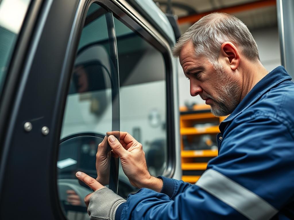 A high-resolution close-up shot of a skilled technician replacing semi glass on a large semi truck. The technician is focused on the glass installation, showcasing precision and expertise. The background features a well-maintained workshop with tools and glass components, emphasizing a professional environment. The image is shot in hyper-realistic detail with a 45mm f/1.2 lens style.