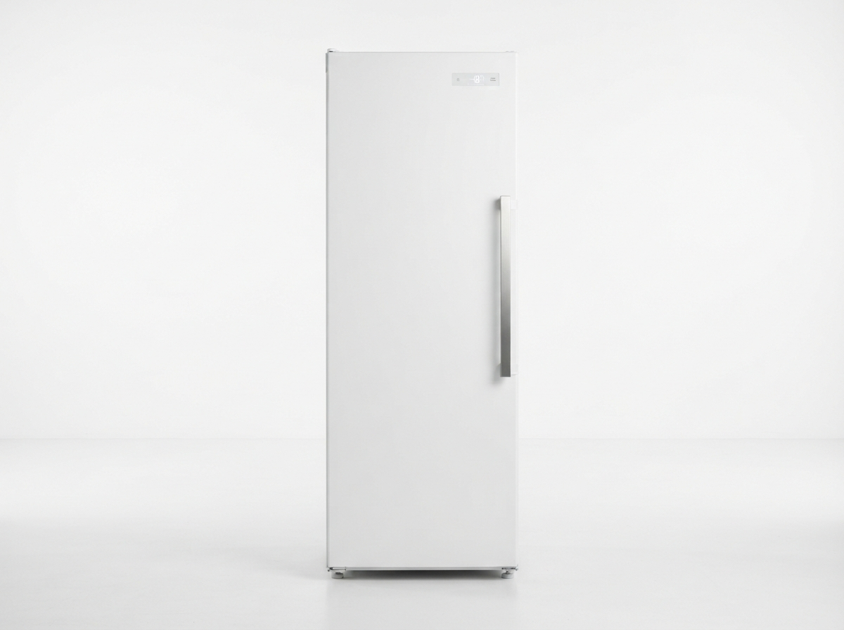 White upright deep freezer with stainless handles