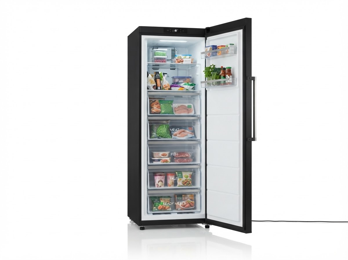 Black vertical deep freezer with organization