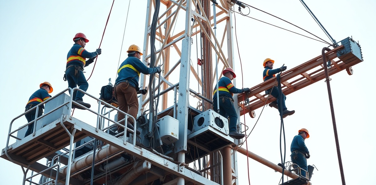 Roughnecks working on oil rig derrick