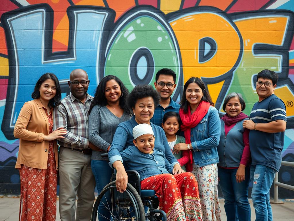 A close-up shot of a diverse group of families standing together in a supportive pose, representing resilience and unity in front of a colorful mural that symbolizes hope and recovery. The families include individuals of various ages and backgrounds, with one person in a wheelchair, showcasing inclusivity. The background should be vibrant and uplifting, reflecting themes of overcoming challenges such as juvenile justice, disabilities, homelessness, and addiction recovery. The image should be hyper-realistic