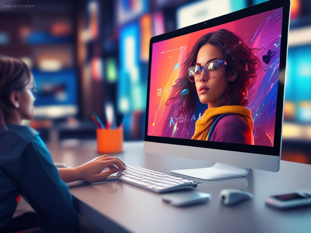 A hyper-realistic close-up of a futuristic AI-powered website interface on a computer screen, showcasing vibrant colors and engaging design elements, with a blurred background of a modern office environment, shot with a 45mm f/1.2 lens.
