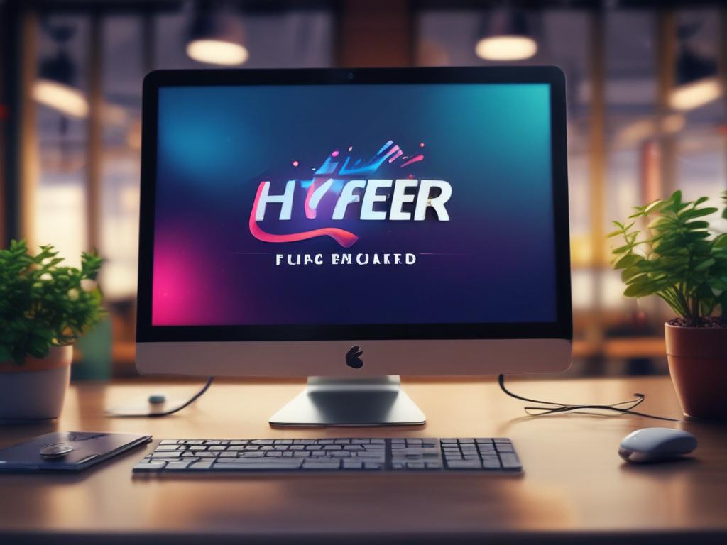 A hyper-realistic close-up shot of a vibrant logo design on a digital screen, with a creative workspace in the background. The image should capture the essence of rebranding, showcasing tools like a graphics tablet and color palettes, while maintaining a focus on the logo. The colors should be bright, emphasizing the primary color rgb(251, 203, 7), ensuring a visually striking composition.