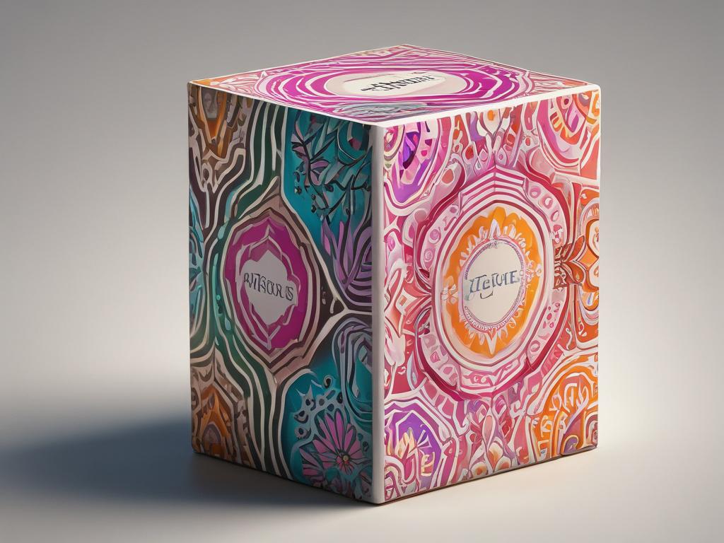 A close-up shot of a beautifully designed packaging box with intricate patterns, set against a soft, blurred background that complements the box's vibrant colors. The focus is on the box, showcasing its unique design and high-quality materials, captured with a 45mm f/1.2 lens style.