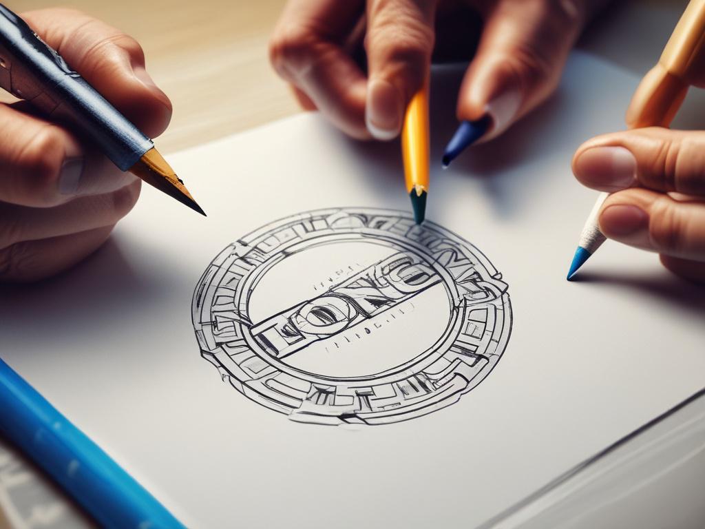 A hyper-realistic close-up of a designer's hand sketching a logo on high-quality paper, showcasing vibrant colors and intricate details. The background is softly blurred to emphasize the hand and the logo, shot with a 45mm f/1.2 lens, compatible with rgb(50, 170, 39) primary color.
