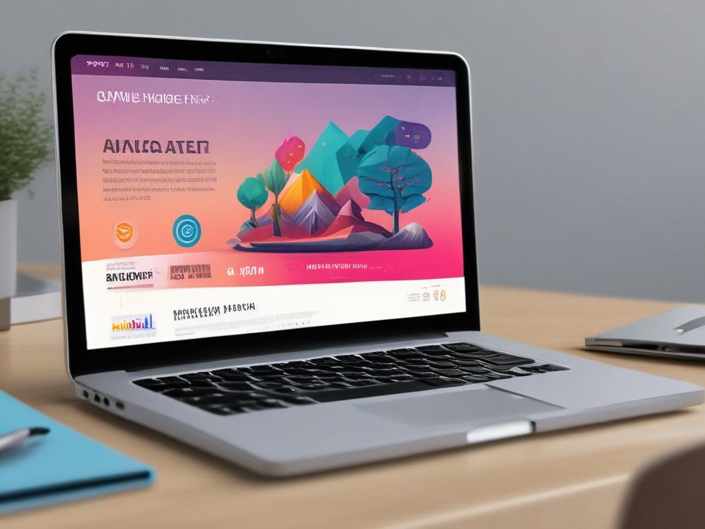 A hyper-realistic close-up of a sleek, modern website interface displayed on a high-end laptop. The screen showcases vibrant AI-driven analytics and user-friendly design elements, set against a minimalist desk background. The image is captured using a 45mm f/1.2 lens to emphasize the details of the screen and the sophistication of the technology.