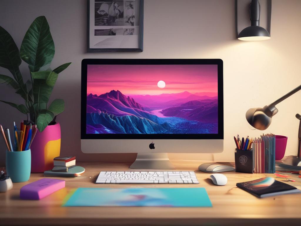 A hyper-realistic close-up of a designer's workspace featuring a high-end computer screen displaying vibrant design software, colorful design assets scattered around, and a stylish notebook with sketches, all captured with a 45mm f/1.2 lens for a soft background blur, emphasizing creativity and professionalism in graphic design.