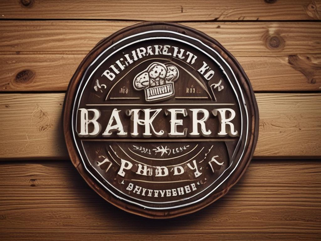 A close-up shot of a beautifully designed bakery logo on a rustic wooden background, hyper-realistic, 45mm f/1.2 lens style, RGB(251, 203, 7) color theme.