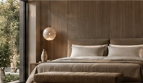 Illustrative bedroom with warm timber finishes and neutral bedding