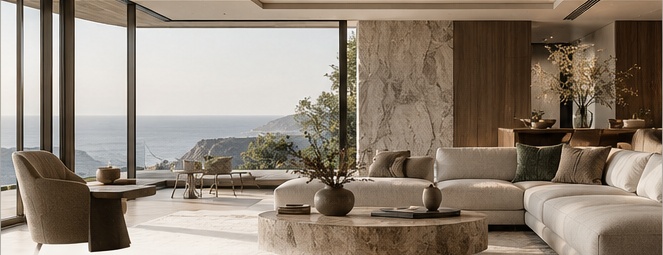 Illustrative residential interior with sculptural furnishings, natural textures, and a sea view