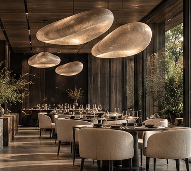 Illustrative restaurant interior with sculptural pendant lighting