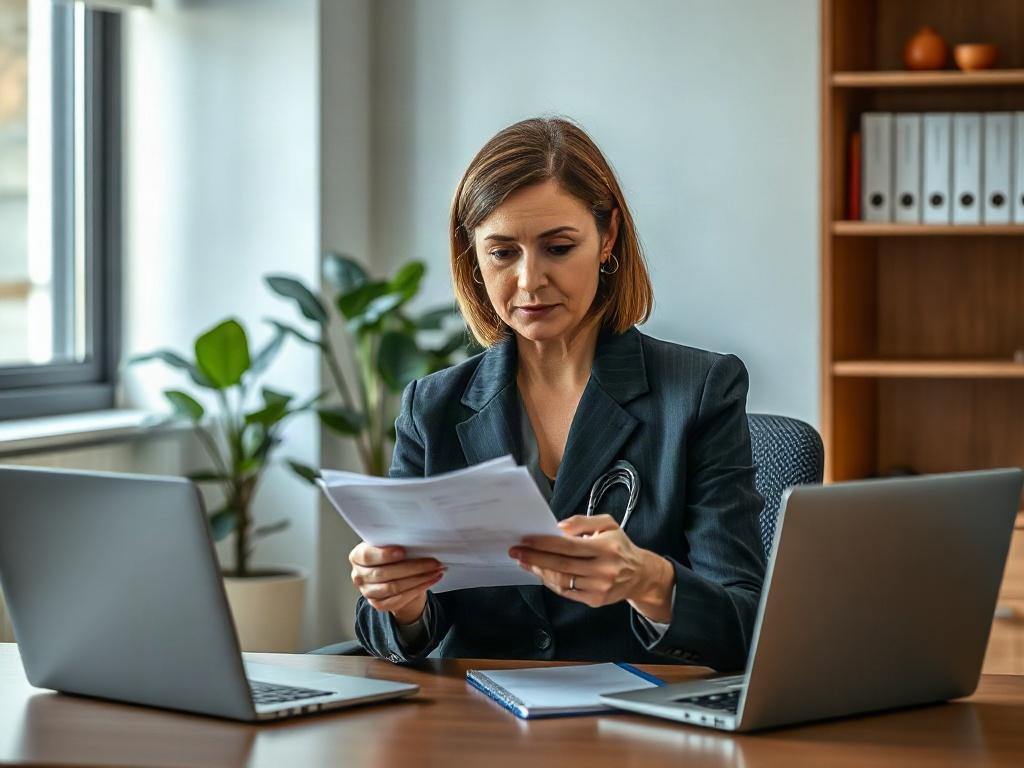 Create a realistic high-resolution photo of a single professional, a healthcare administrator, sitting at a modern desk in a well-lit office environment. The subject should be a middle-aged woman of diverse ethnicity, wearing smart business attire, looking intently at a document with a thoughtful expression on her face. The background should feature a tidy office space with soft lighting, a potted plant to the side, and a shelf with neatly arranged books on healthcare policies and procedures. The desk shoul