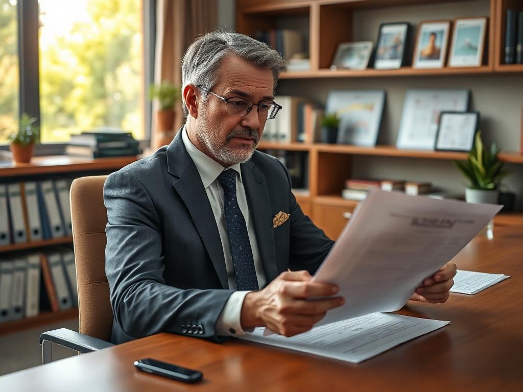 Prompt for AI Image Generator:

Create a highly detailed, realistic high-resolution photo of a professional consultant in an office setting, symbolizing the theme of nursing home facility assessments. The subject should be a middle-aged, Caucasian male consultant, dressed in a tailored suit, sitting at a sleek wooden desk. He should be reviewing a facility assessment report, with focused and thoughtful expression, emphasizing his expertise in the field. 

In the background, include shelves filled with legal