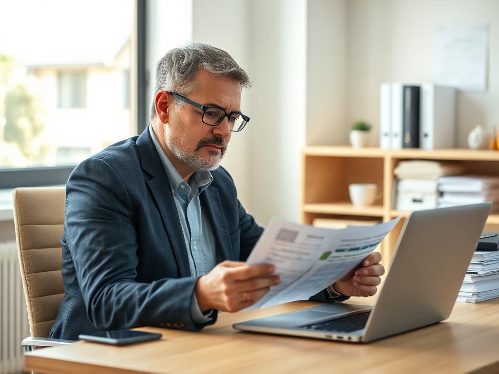 Create a realistic high-resolution photo featuring a single subject: a confident healthcare consultant seated at a modern desk in a well-lit office environment. The consultant should be a middle-aged individual, meticulously reviewing documents related to payment updates in a clear, focused manner. They should exhibit a look of concentration, with a slight furrow in their brow, implying deep engagement with the subject matter. 

The background should consist of a neatly organized professional office space, 
