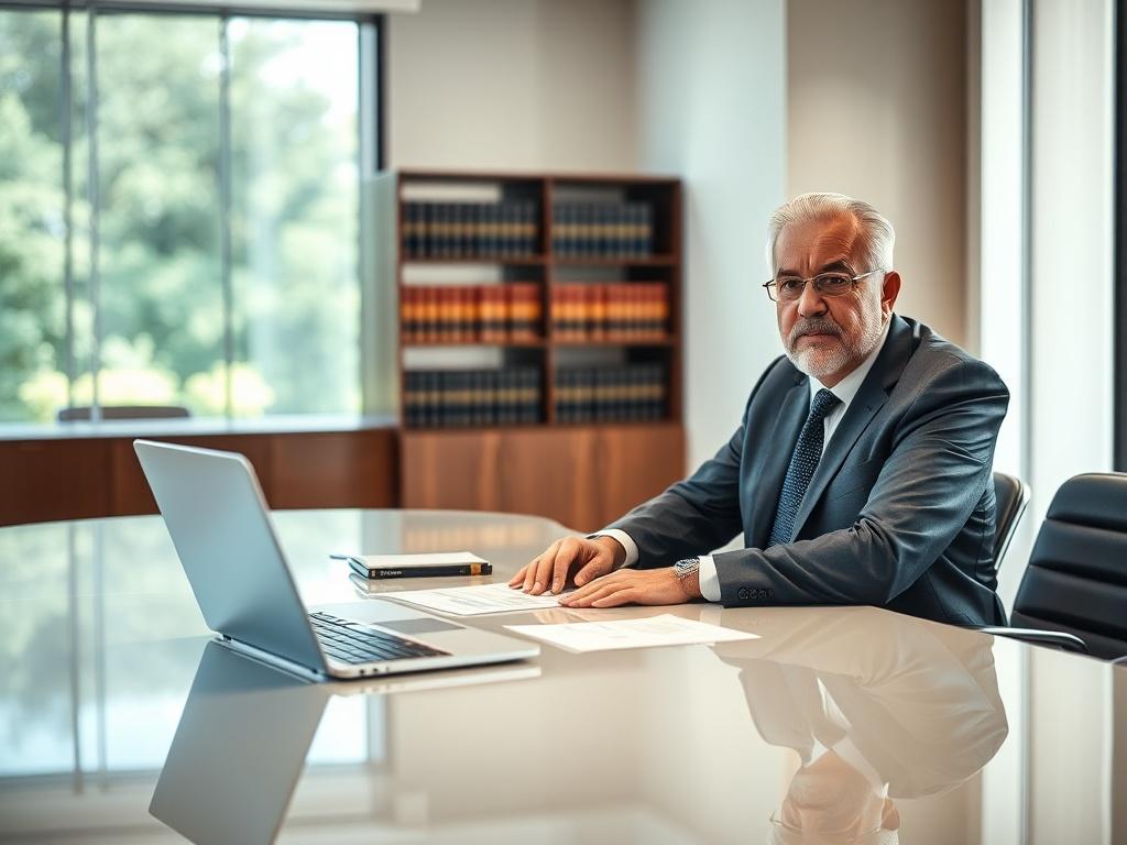 Create a realistic high-resolution photo featuring a single expert witness sitting at a sleek, modern conference table. The expert witness, a middle-aged Caucasian male in business attire, should be engaged in discussion, with a serious and confident expression on his face. In front of him, arrange a few legal documents and a laptop open to a presentation on expert testimonies. The background should showcase a well-lit, professional office environment with soft-focus elements such as a bookshelf filled with