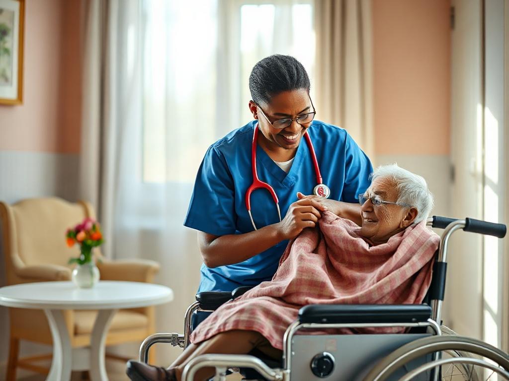 **AI Image Generation Prompt:**

Create a hyper-realistic high-resolution photo focusing on a single subject: a compassionate nurse assisting an elderly patient in a well-lit nursing facility. The nurse, an African American woman in scrubs, should be shown gently helping the patient—an older Caucasian male in a wheelchair—adjust his blanket while smiling warmly at him. The background should consist of softly blurred elements of a nursing home, including a cozy room with pastel-colored walls, a small round t