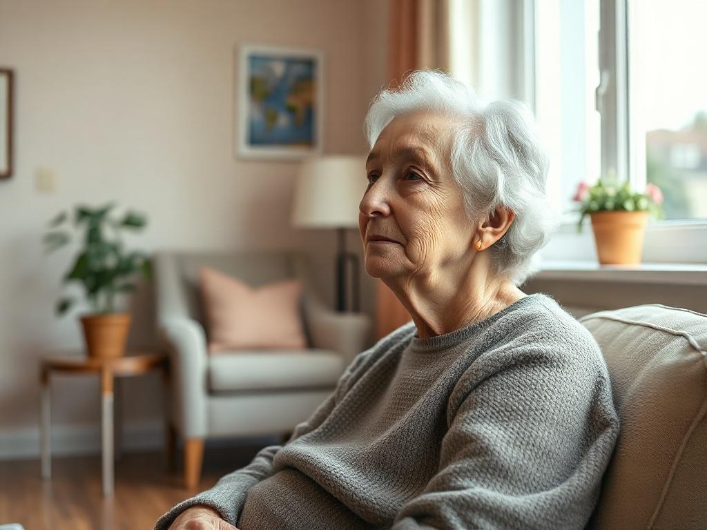 **AI Image Generation Prompt:**

Create a realistic high-resolution photo of a serene nursing home environment, focusing on a thoughtful elderly woman sitting alone in a well-lit room, reflecting a sense of calm and contemplation. The composition should be simple and clear, featuring the woman as the single subject in the foreground, wearing a cozy sweater and looking out the window with a gentle expression. 

The background should display a neatly arranged nursing home common area that conveys warmth, such
