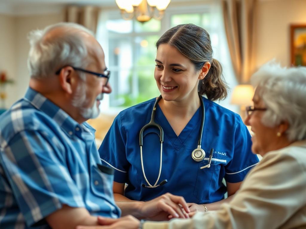 Create a realistic high-resolution photo that captures the essence of a skilled nursing care environment while reflecting the theme of liability risks following the repeal of a mandate. The subject should be a caring and professional nurse, wearing scrubs, engaged in a one-on-one interaction with an elderly patient. The nurse should have a compassionate expression, conveying a sense of trust and safety. 

The background should be a well-lit and inviting skilled nursing facility, featuring soft lighting, com