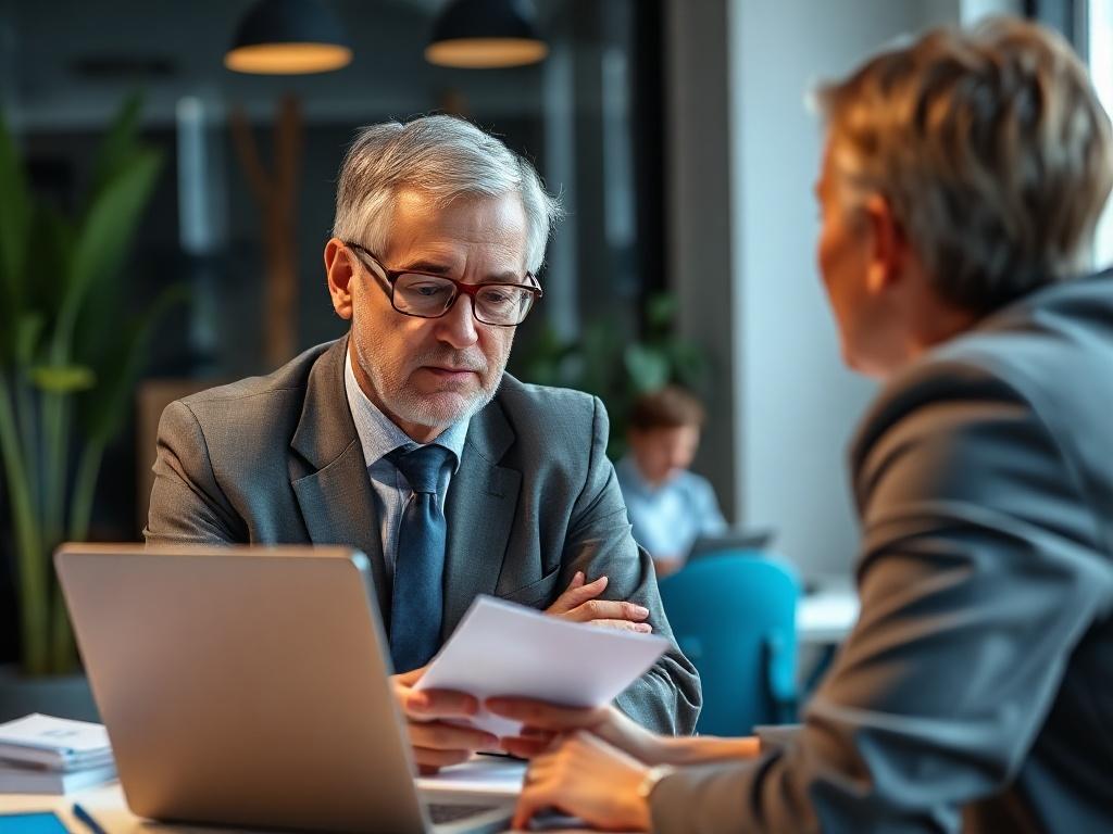 Create a realistic high-resolution photo showing a professional consultant engaged in a discussion with a client in an office setting. The consultant, a middle-aged individual wearing business attire, should be leaning slightly forward, actively listening and taking notes. The background should include a modern office with a desk, a laptop, and some greenery, conveying a sense of professionalism and approachability. The lighting should be warm and inviting, focusing on the consultant and client interaction.