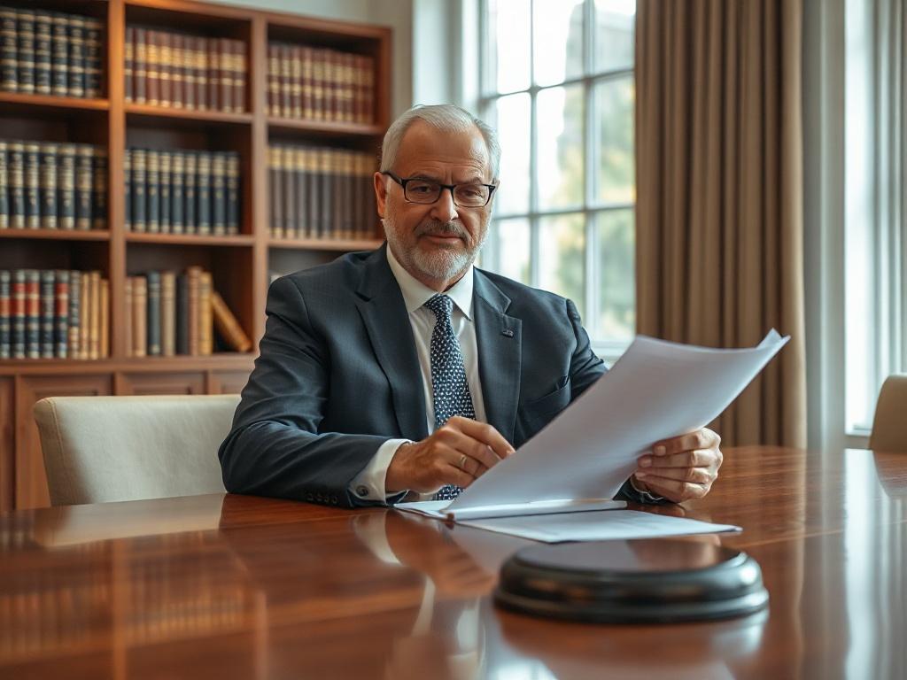 Create a realistic high-resolution image that embodies the concept of involving an expert witness in litigation. The composition should be simple and clear, focusing on a single subject: a professional, middle-aged man in a tailored navy suit, seated at a polished oak conference table. He should be holding a legal document, with an engaged expression, indicating his expertise and readiness to assist in a legal case. 

In the background, gently blurred, there should be a bookshelf lined with legal texts and 