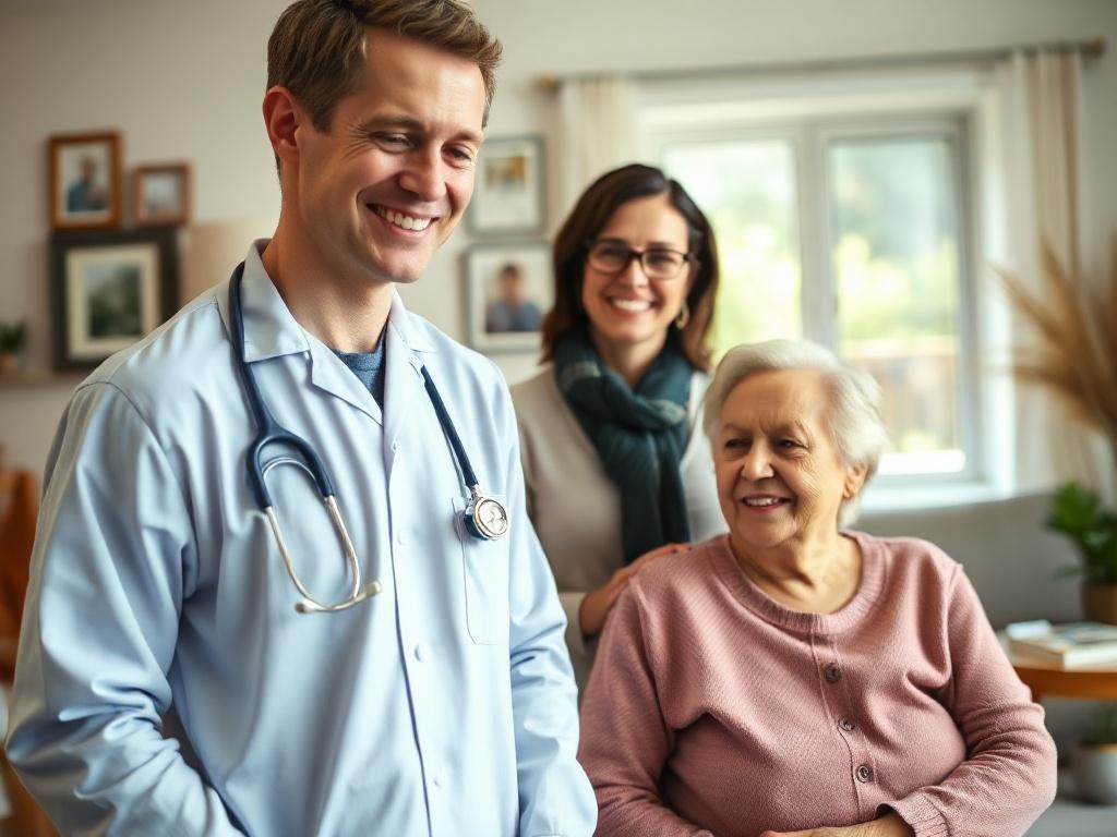 Create a realistic high-resolution photo focusing on a compassionate healthcare provider standing beside a patient in a cozy, well-lit home environment. The healthcare provider should be dressed in professional attire, exuding warmth and confidence, while the patient, an elderly individual, appears relaxed and engaged in conversation. 

The background should feature a welcoming living room setting, complete with a comfortable seating area, soft natural lighting filtering through a window, and personal touch