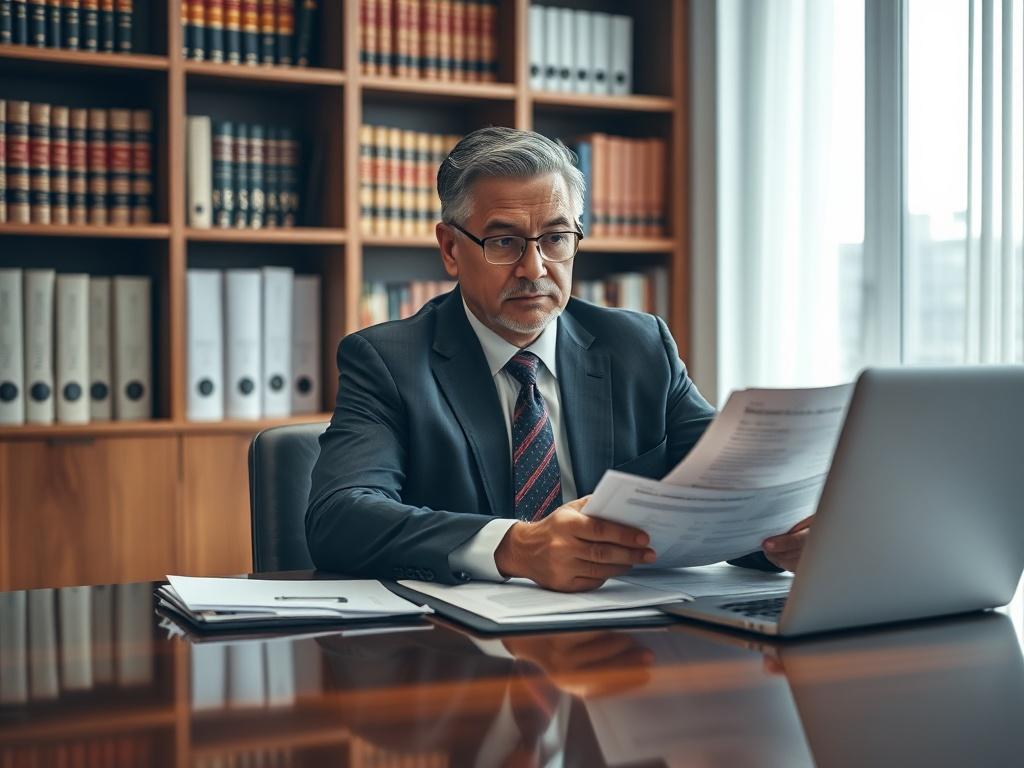 Create a realistic high-resolution photo reflecting the concept of expert witness consulting. The main subject should be a confident, professional-looking expert witness—a middle-aged individual with a thoughtful expression—sitting at a polished wooden desk in a well-lit office environment. The expert should be dressed in smart business attire, such as a tailored suit, and focused on reviewing a stack of documents, including medical records and legal briefs, with a laptop open next to them. 

In the backgro