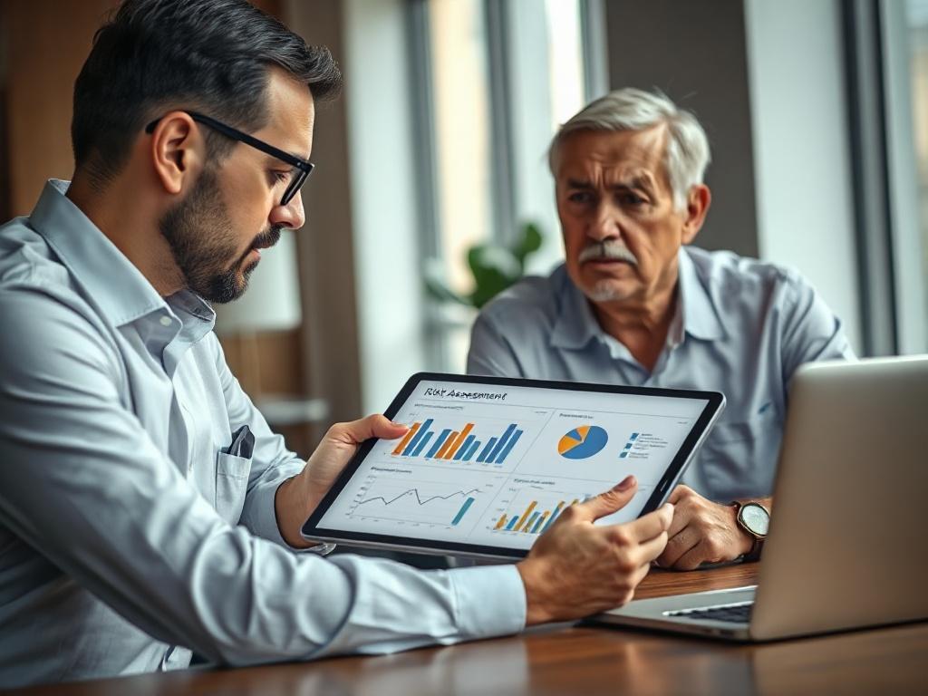 A close-up shot of a consultant reviewing risk assessment charts and data on a tablet with a client in a stylish office. The client, an older business owner, looks concerned yet attentive. The background showcases a sleek desk and a modern laptop, emphasizing a professional atmosphere focused on analysis and planning.