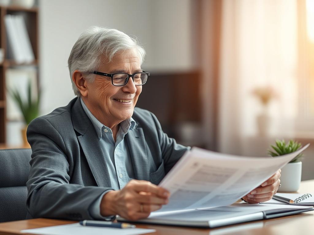 **AI Image Generation Prompt:**
Create a high-resolution photo that embodies the theme of "Elder Care Guidance: The Importance of Early Planning." The composition should be simple and clear, featuring a single subject: a mature, thoughtful professional smiling as they review a set of elder care planning documents. The professional should be depicted seated at a clean, organized desk, with papers, a pen, and a small potted plant in the background to add a touch of warmth and life to the setting. 
The subje