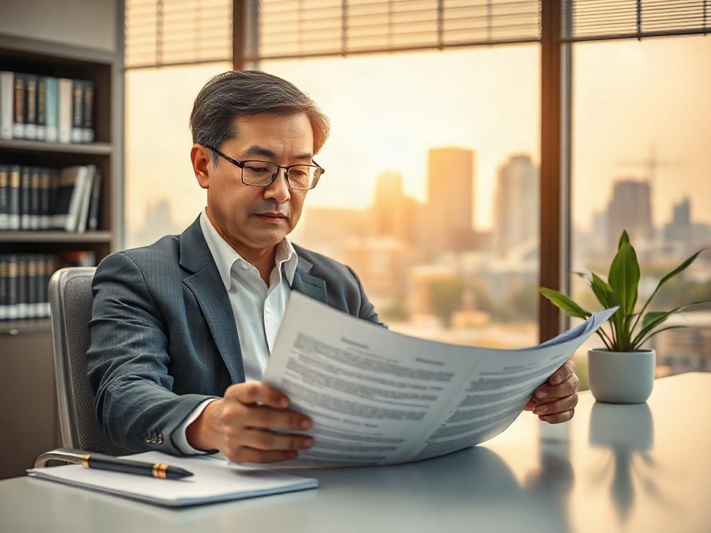 Create a highly detailed, realistic high-resolution photo focusing on a professional consultant seated at a sleek, modern desk in an office environment. The consultant, a middle-aged individual with short dark hair and glasses, should be intently reviewing a document related to healthcare compliance and liability theory. Their expression exudes concentration and expertise. 

The background should feature bookshelves lined with legal and consulting texts, along with a soft-focus window showing a cityscape ba