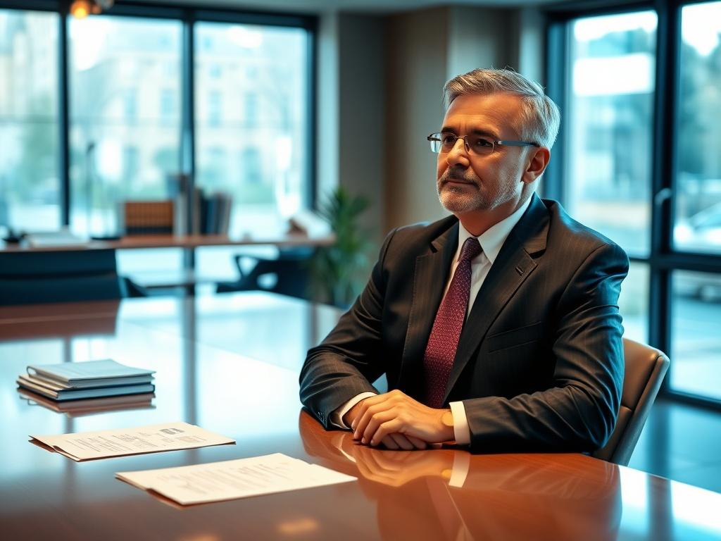 Create a realistic high-resolution photo featuring a professional-looking legal environment to reflect the blog titled "When to Involve an Expert Witness: Before Trial, Not After Problems Start." The composition should be simple and clear, showcasing a single subject: a poised expert witness, a middle-aged person wearing a formal suit, sitting at a sleek, modern conference table. The expert should have a thoughtful expression, as if contemplating crucial information to share, emphasizing their role in build