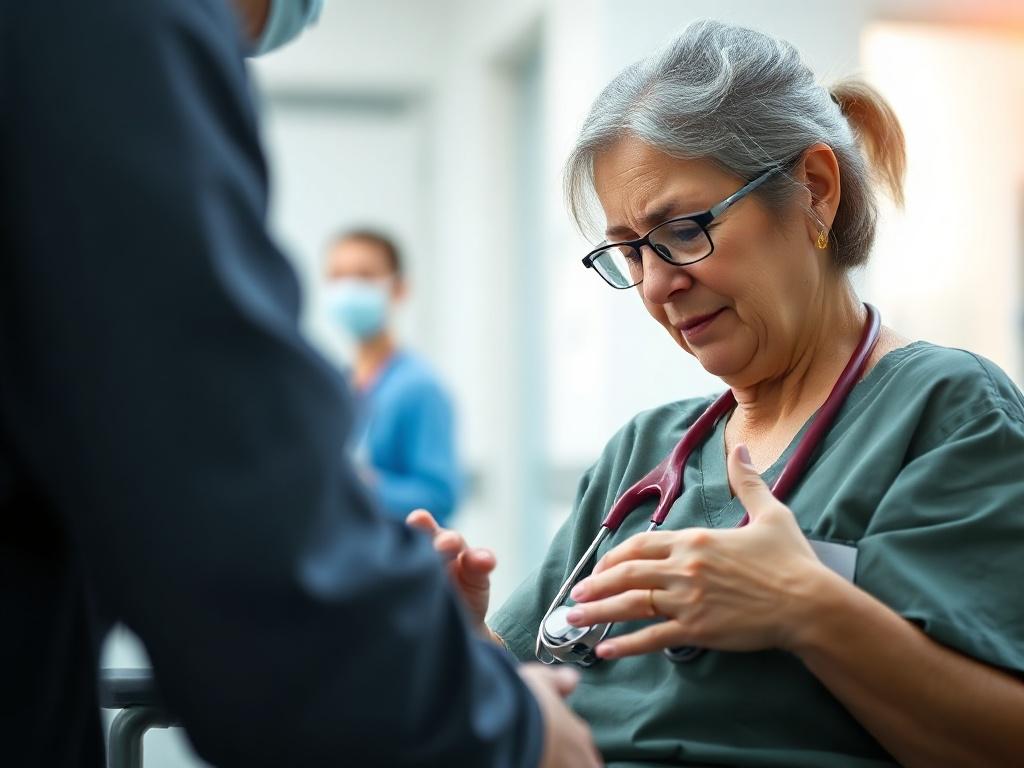 Create a realistic high-resolution photograph that captures the essence of a blog titled "Navigating CMS Minimum Staffing Standards: Compliance or Compromised Care?". The image should feature a single subject—a compassionate healthcare worker, such as a nurse or caregiver—engaged in a supportive moment with an elderly patient. 

The subject should be positioned in the foreground, displaying expressiveness and empathy, perhaps gently holding the patient's hand or leaning in to listen attentively. The healthc