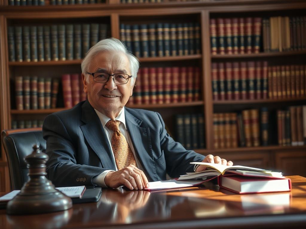 Create a realistic high-resolution photo that captures the essence of elder care litigation and reflects the professionalism of Expert Consulting Services, LLC. The composition should feature a single, distinguished elderly person sitting at a well-lit, elegant desk, reflecting wisdom and experience. The subject should be dressed in smart, formal attire, exuding confidence and trustworthiness, with a slight smile indicating a sense of reassurance. 

In the background, place a blurred bookshelf filled with l