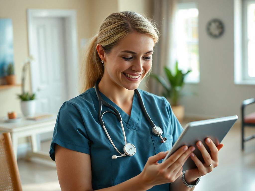**AI Image Generation Prompt:**

Create a realistic high-resolution close-up photograph that captures the essence of nursing home staffing and its recent changes in regulation. The image should feature a single, focused subject: a compassionate, professional nurse dressed in scrubs, looking thoughtfully at a digital tablet in a nursing home environment.

**Composition Details:**
- The nurse should be positioned in the foreground, occupying the left side of the frame, with a warm, inviting smile that conveys