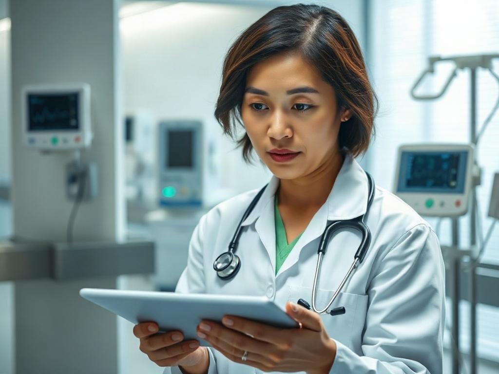 Create a realistic high-resolution image showcasing a medical professional in a healthcare setting, focused intently on a patient’s medical report. The photo should capture a single physician, a middle-aged woman of Asian descent, wearing a white lab coat and stethoscope, as she meticulously evaluates a detailed timeline of sepsis claims on a digital tablet. The composition should present a clear view of the physician's concentrated expression, emphasizing her commitment to patient care and professionalism.