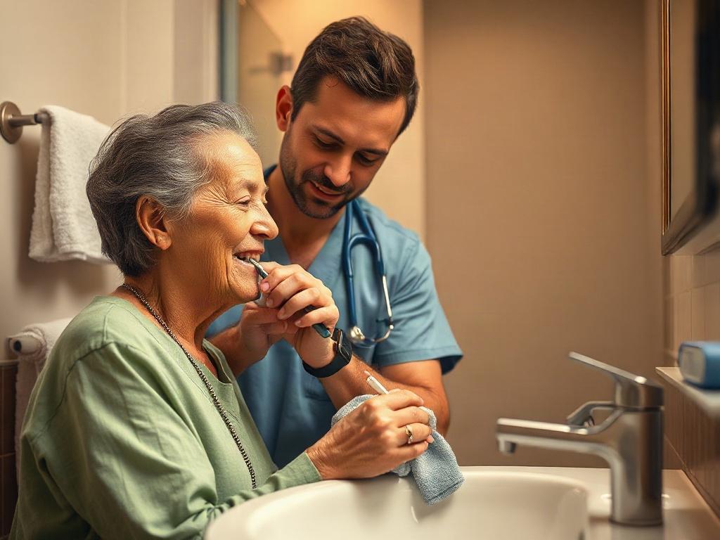 **Prompt for AI Image Generator:**

Create a realistic high-resolution photo that reflects the blog titled "Dignity, Hygiene, and ADL Trends." The composition should be simple and clear, focusing on a single subject: a healthcare professional gently assisting an elderly person with activities of daily living (ADLs) in a warm, inviting environment.

The healthcare professional, dressed in scrubs, should be depicted demonstrating compassion and respect while helping the elderly person with personal hygiene ta
