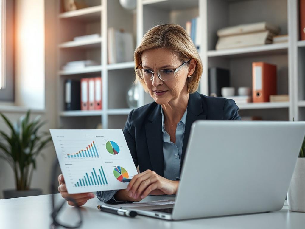 Create a highly realistic, high-resolution image that reflects the theme of "Quality Reporting Program Changes: The Data You Don't Report Can Hurt You." The composition should center on a single subject: a professional consultant, a middle-aged woman with a focused expression, engaged in analyzing data on a laptop in a well-lit office environment. She should be dressed in business attire, sitting at a modern desk. 

The background should feature a tidy office with shelves containing file folders and books, 