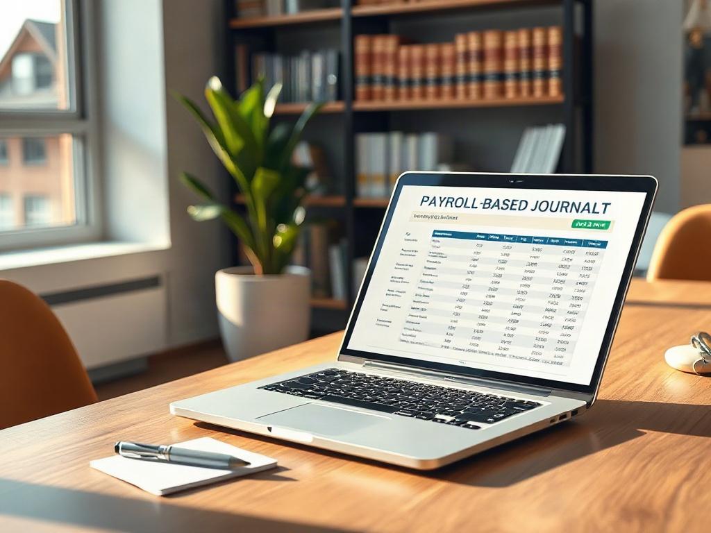 Create a realistic high-resolution photo focusing on a single subject: an open laptop displaying a detailed payroll-based journal (PBJ) report. The laptop should be positioned at an angle on a sleek, modern desk, with a soft, natural light illuminating the scene to create an inviting atmosphere. Surrounding the laptop, include a notepad and a pen, symbolizing the importance of interpretation and analysis in the context of nursing home litigation. 

In the background, use a blurred effect to capture a contem