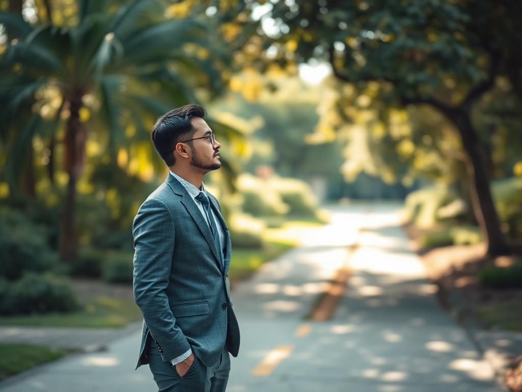 Create a realistic high-resolution photo that embodies the theme of "Wandering vs. Elopement: Understanding the Clinical Definitions, Legal Liabilities, and Preventative Strategies." The composition should be simple and clear, featuring a lone figure—a thoughtful professional dressed in business attire—standing at a crossroads in a serene park setting. The subject is looking contemplatively down one path while the other fades softly into the background, symbolizing the choices between wandering and elopemen