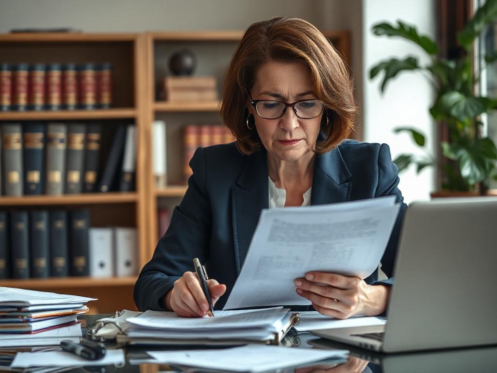 **AI Image Generation Prompt:**

Create a realistic high-resolution photo that illustrates the theme of the blog titled "The Top 5 Charting Omissions That Make Defending a Long-Term Care Case Nearly Impossible." The image should feature a focused composition with a single subject: a thoughtful attorney sitting at a desk, deep in contemplation as they review a stack of legal documents related to long-term care cases. 

The attorney, a middle-aged Caucasian woman in a tailored navy blazer, should exhibit a lo