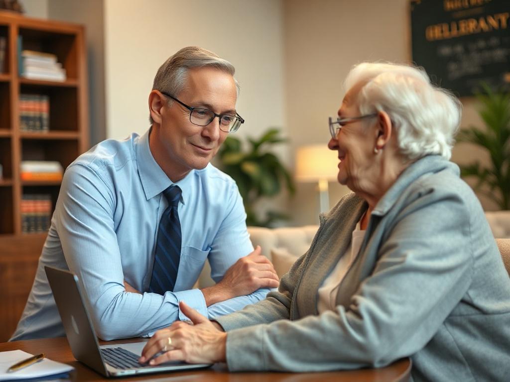Create a realistic high-resolution image that embodies the essence of elder care litigation specialization. The composition should be straightforward and focused on a single subject—a compassionate elder care attorney meeting with an elderly client in a well-lit office space. The attorney should be depicted as a middle-aged professional with an empathetic expression, conveying trust and understanding. The elderly client, showing signs of wisdom and experience, should appear engaged and open during the discu