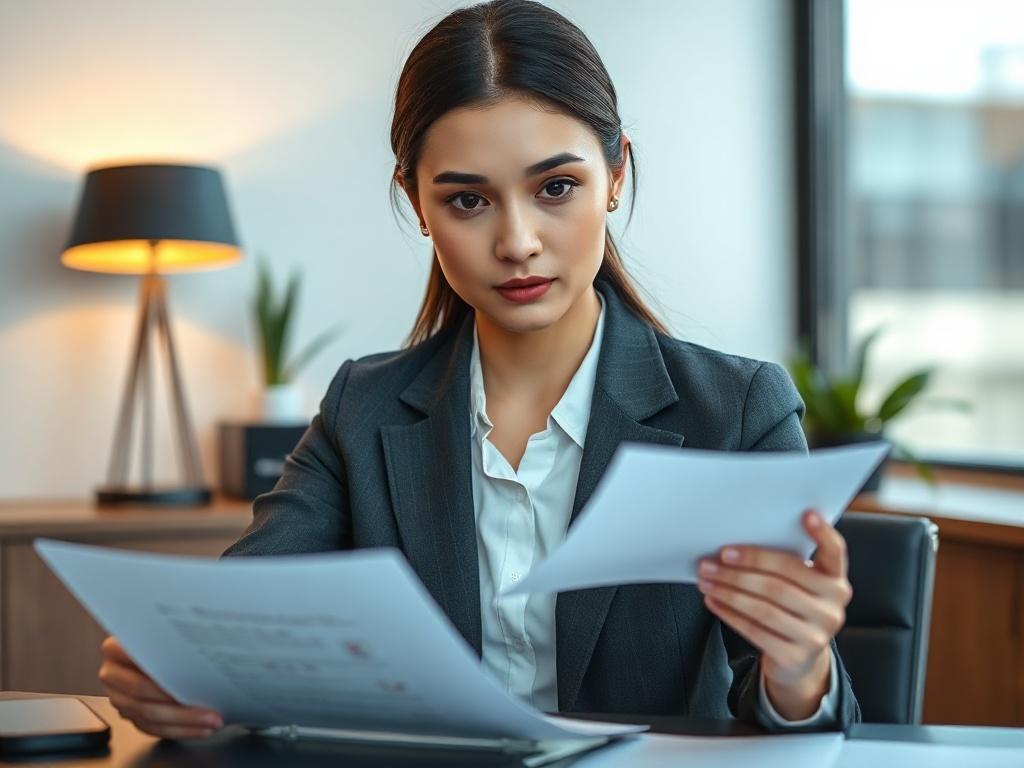Create a realistic high-resolution photo featuring a close-up shot of a professional looking individual in business attire sitting at a sleek and modern office desk. The subject, a well-groomed businesswoman, should have a focused and contemplative expression, indicating deep thought as she reviews corporate documents or financial reports. The background should be simple and uncluttered, showcasing a few decorative elements like a stylish desk lamp and a potted plant to convey a professional yet inviting at
