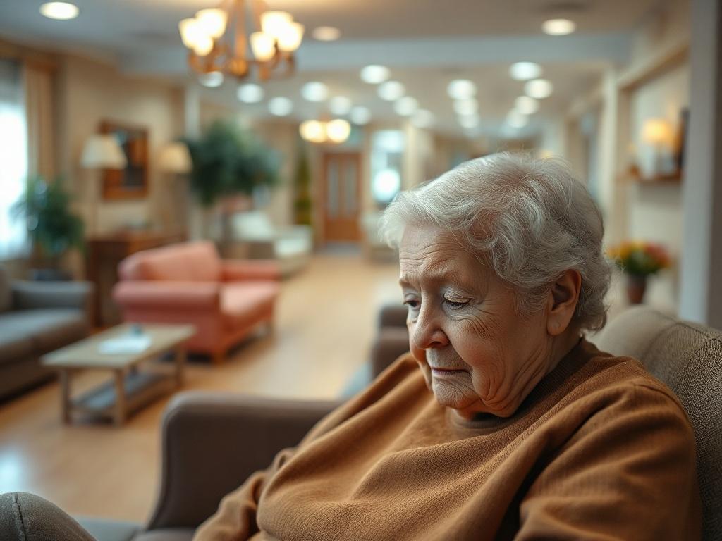 Create a realistic high-resolution photo depicting a single elderly resident sitting in a well-lit nursing home common area. The subject should have a thoughtful expression, reflecting a sense of concern and contemplation, highlighting the importance of quality care over star ratings. The background should include soft-focus elements of the nursing home, such as comfortable seating, warm decor, and subtle hints of staff or other residents engaging in supportive activities, to convey a nurturing environment.