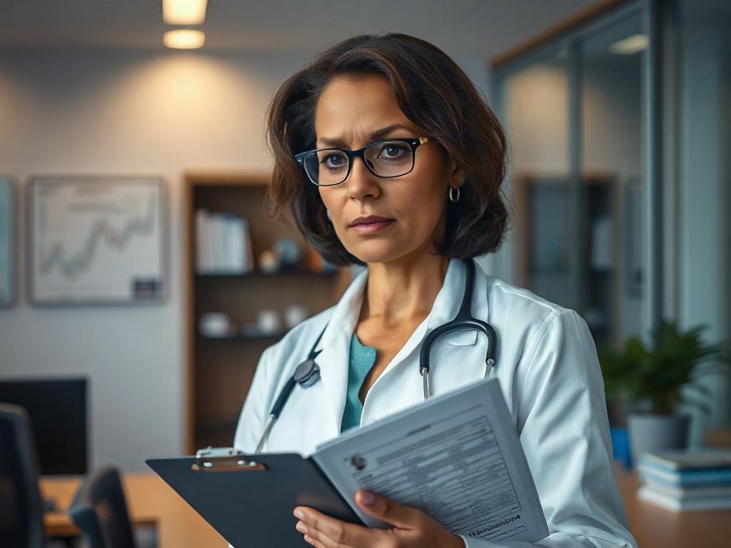 Create a highly detailed, realistic high-resolution photograph that symbolizes the theme of "Medical Director Oversight & Corporate Negligence." The composition should feature a single subject: a thoughtful, professional-looking medical director in a sleek, modern office environment. 

The medical director, a middle-aged individual of diverse ethnicity (potentially Hispanic or Black descent), should be portrayed with a concerned expression, symbolizing the weight of accountability in medical oversight. They