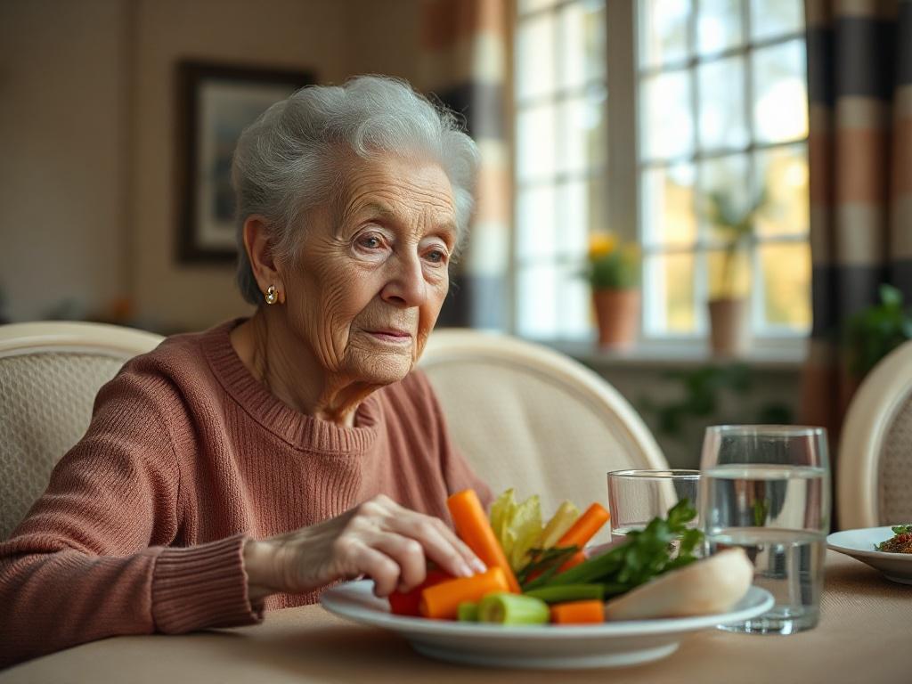 **AI Image Generation Prompt:**

Create a realistic high-resolution photo that captures the essence of geriatric nutrition in a senior care setting. The focal subject should be an elderly person, a frail yet dignified senior woman, sitting at a dining table with a simple, unadorned meal in front of her. The meal should consist of fresh, colorful vegetables, a small portion of protein, and a glass of water, conveying the importance of balanced nutrition. 

The background should depict a cozy, well-lit dining